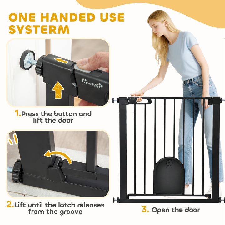 Dog Gate with Cat Flap Pet Safety Gate Barrier, Stair Pressure Fit, Auto Close, Double Locking, for Doorways, Hallways, 75-82 cm Black