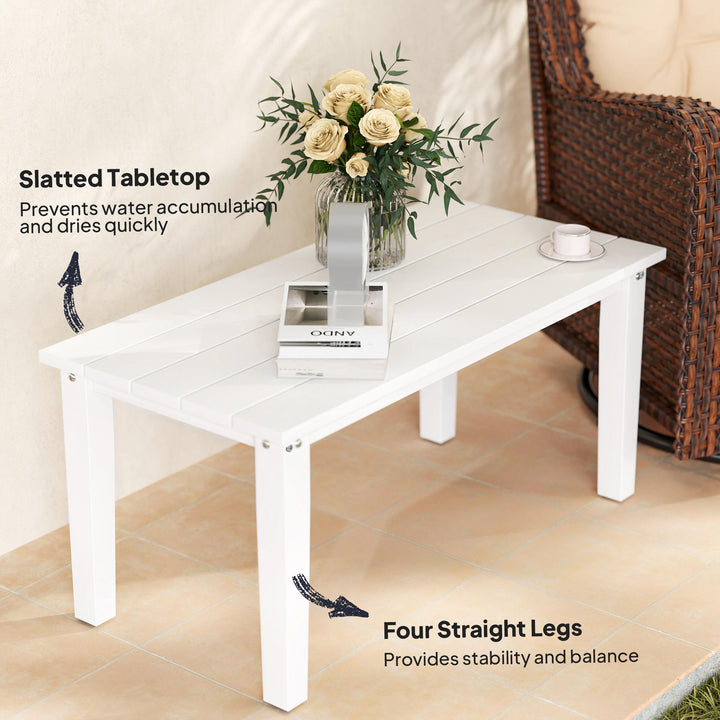 Outdoor Garden Coffee Table, HDPE All-Weather Rectangular Outdoor Garden Table with Slatted Tabletop for Patio, Balcony, 91 x 44 x 42 cm, White