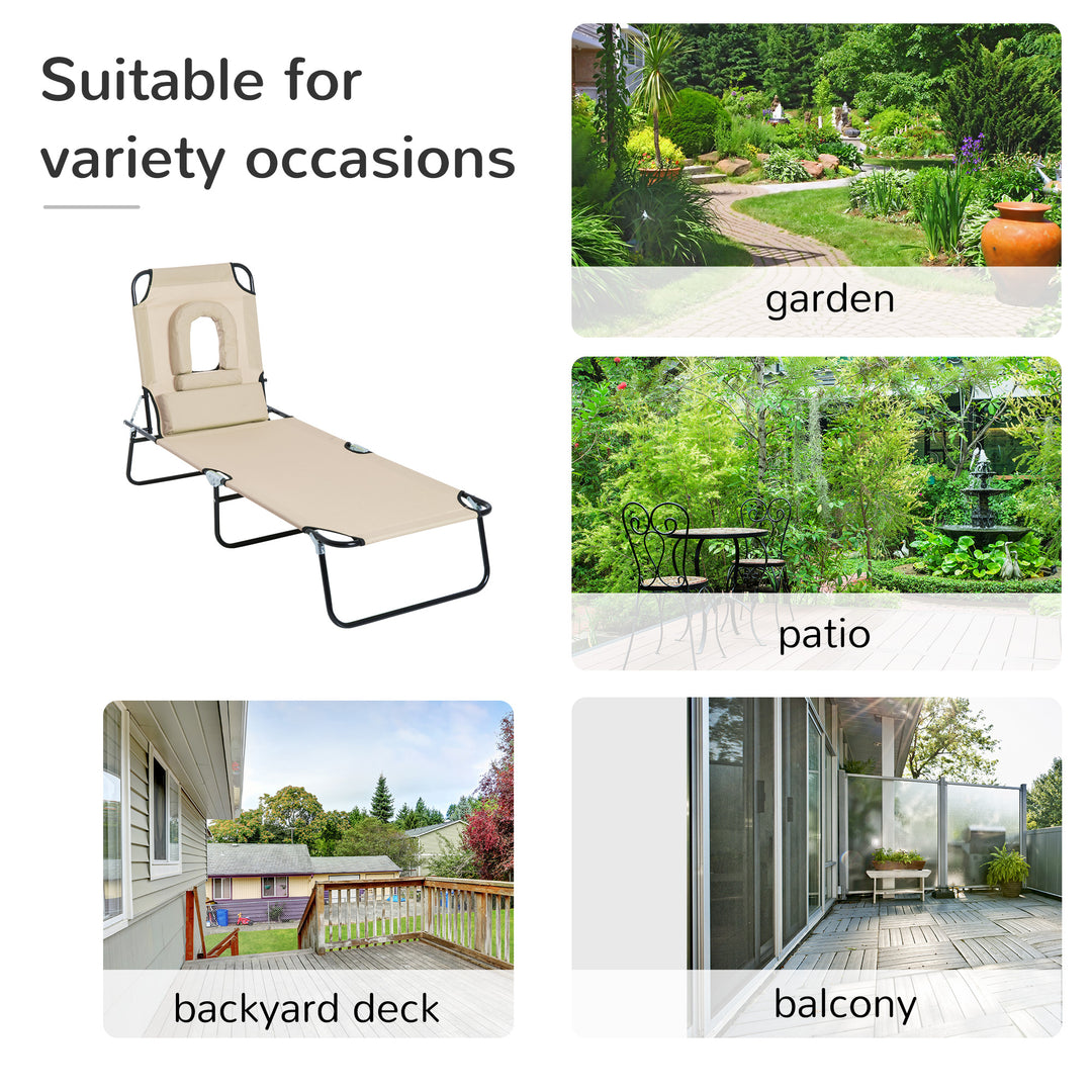 MCL Outdoor Folding Sun Lounger with Face Hole, 4 Level Adjustable Backrest Reclining Garden Lounger, Garden Recliner Sunbed with 600 D Oxford Cloth Seat and Pillow for Beach, Beige