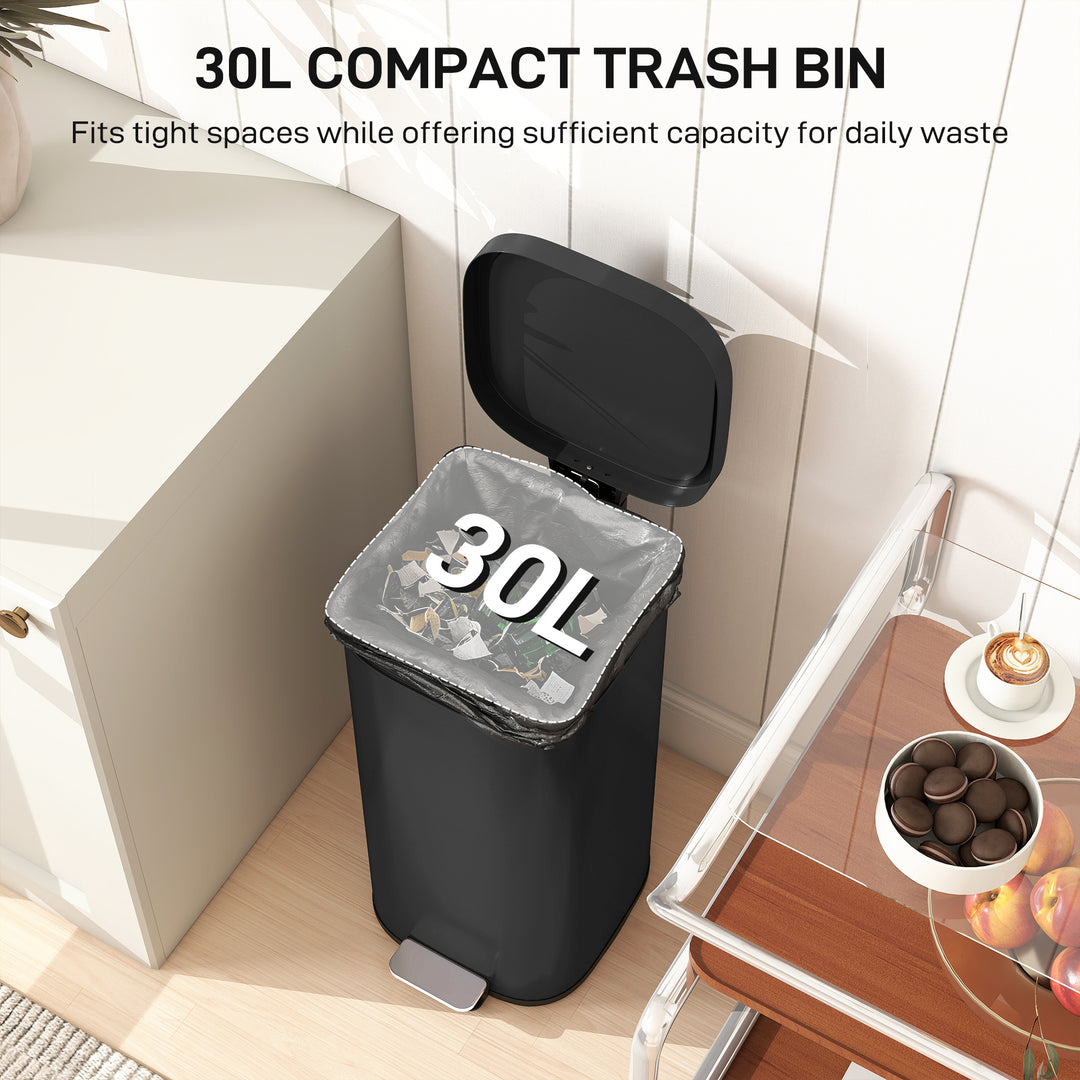 MCL 30L Kitchen Bin, Compact Pedal Bin with Soft-Close and Stay-Open Lid, Removable Bucket for Kitchen, Home, Office, Black