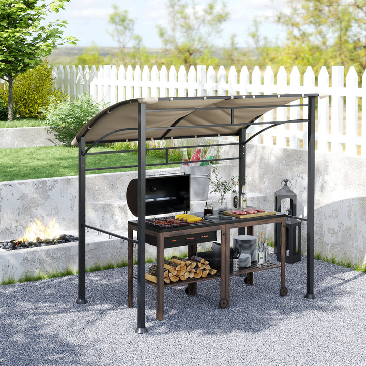 2.2 x 1.5 m BBQ Grill Gazebo Tent, Garden Grill with Metal Frame, Curved Canopy and 10 Hooks, Outdoor Sun Shade, Khaki