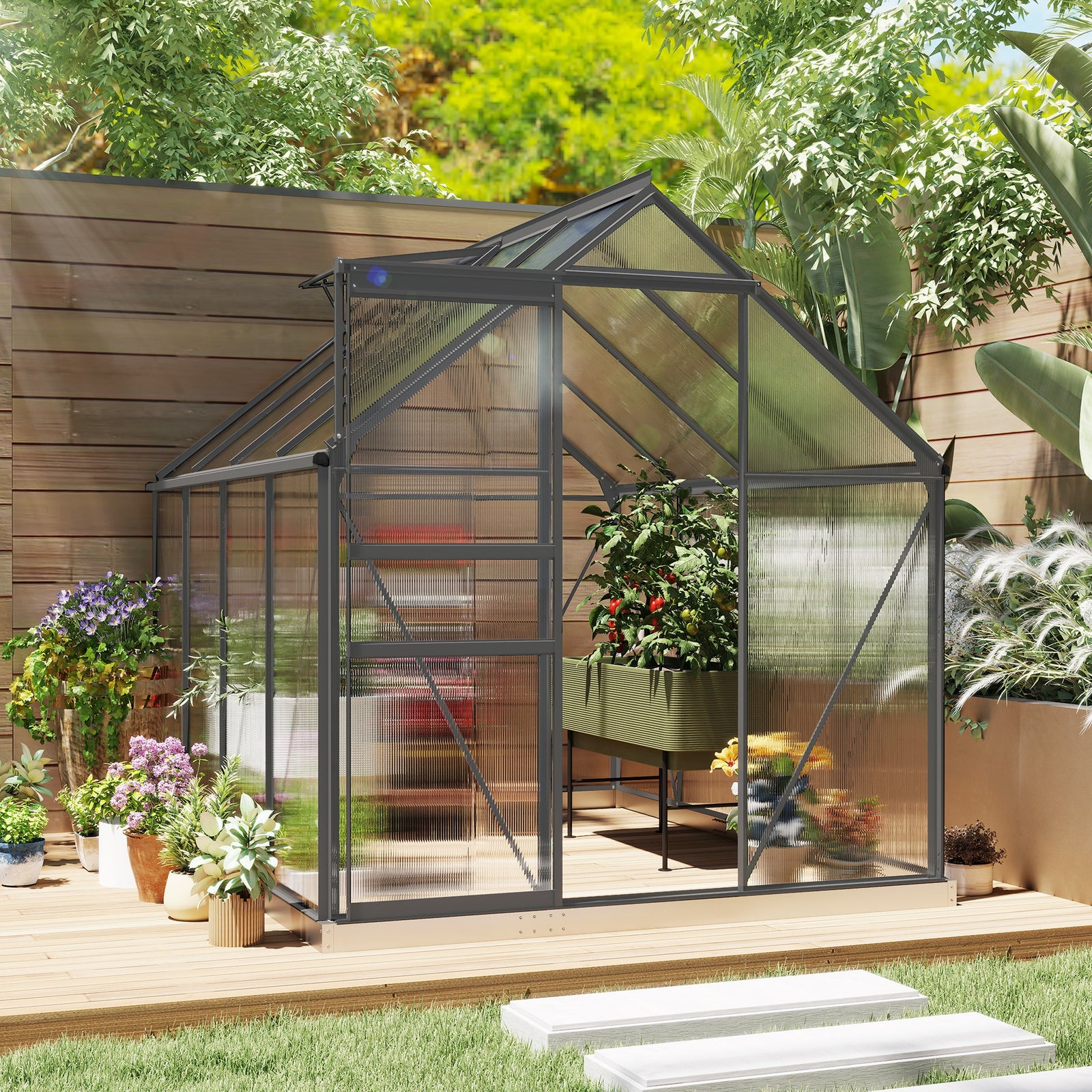 Outsunny 190 x 253 cm Walk-In Polycarbonate Greenhouse - Dark Grey