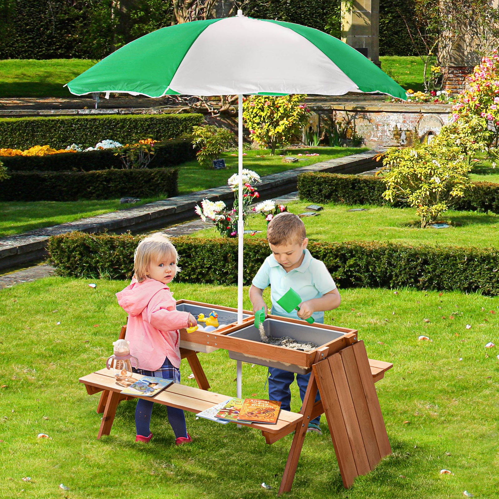 Kids Picnic Table with Benches, Wooden Sand and Water Table, Adjustable Parasol, Storage Bins, for Kids 3-6 Years, Brown