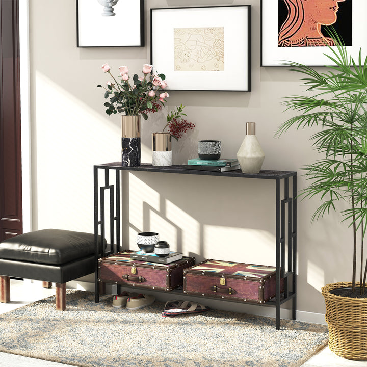 Industrial Console Table with Storage Shelf, Narrow Hallway Dressing Desk with Metal Frame for Living Room, Bedroom, Grey and Black