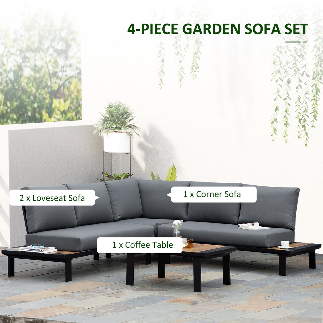 Outsunny 4 Pieces Aluminium Garden Furniture Set Indoor Outdoor L Shape Corner Conversation Set with Coffee Table Cushioned Patio, Grey