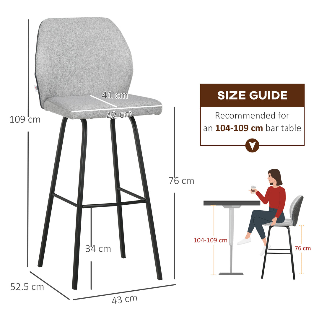 Bar Stools Set of 4, Linen-Touch Upholstered Bar Chairs, Kitchen Stools with Backs and Steel Legs for Dining Room, Light Grey
