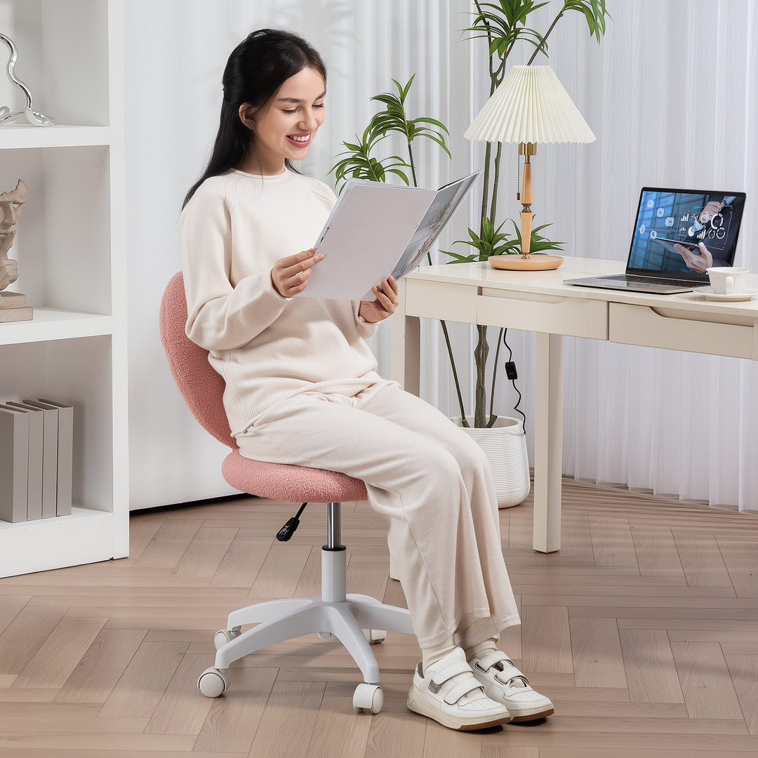 Armless Heart Computer Desk Chair, Teddy Fleece Swivel Office Chair, Makeup Vanity Chair with Height Adjustable, Wheels, for Home Study Bedroom, Pink