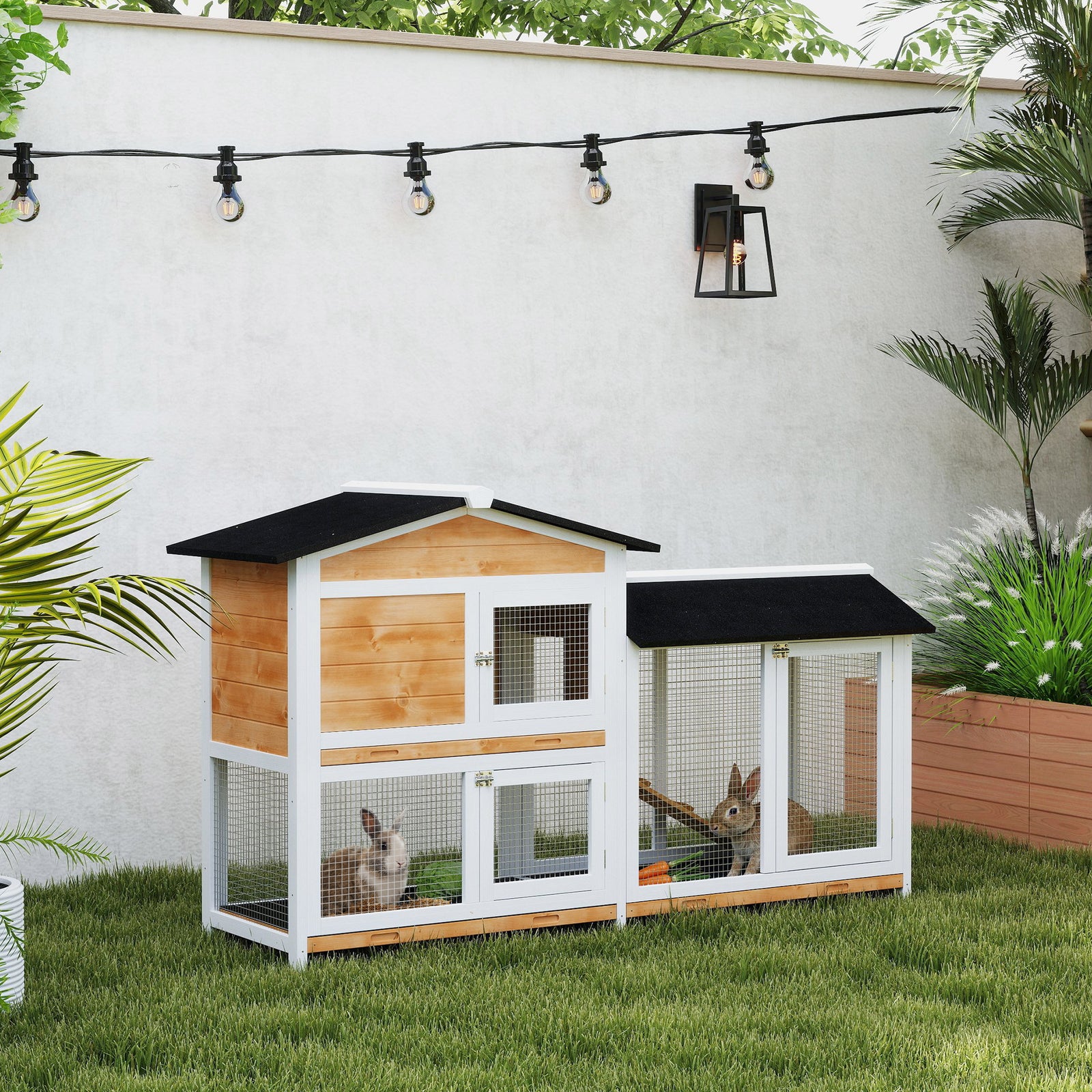 Rabbit Hutch Guinea Pig Hutch Wooden House with Run, 2 Tier Pet Cage Outdoor with No-leak Plastic Trays, 157.4 x 53 x 93.5cm, Yellow