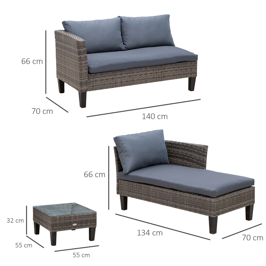 Outsunny 4-Seater Garden Sofa PE Rattan Set w/ 2 Seats Square Glass Top Coffee Table Thick Cushions Solid Legs Patio L Corner Shape, Grey | Aosom UK