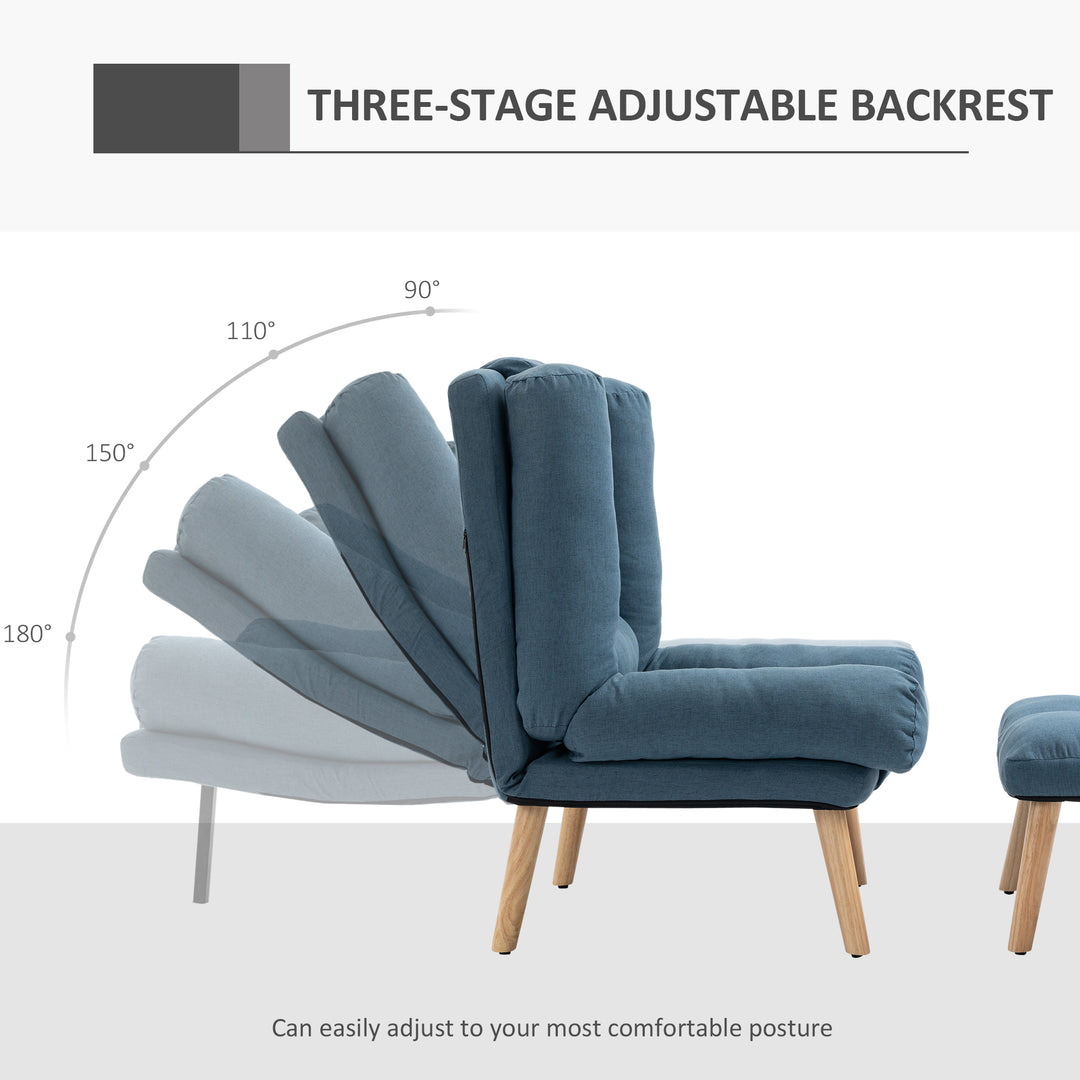 Armchair with Footstool, 180° Recliner with Ottoman, Accent Chair and Footstool with 3-Position Adjustable Backrest and Wooden Legs for Living Room, Blue