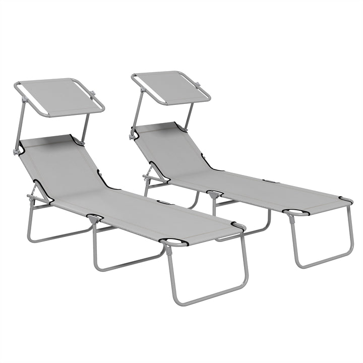 Outdoor Foldable Sun Lounger Set of 2, 4 Level Adjustable Backrest Reclining Sun Lounger Chair with Angle Adjust Sun Shade Awning for Beach, Garden, Patio, Light Grey