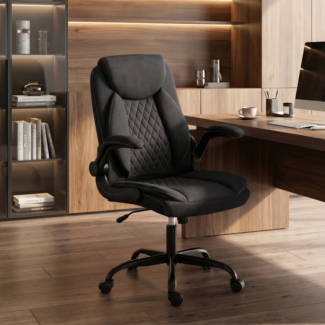 Linen-Look Computer Desk Chair, Executive Office Chair with Flip-Up Ar
