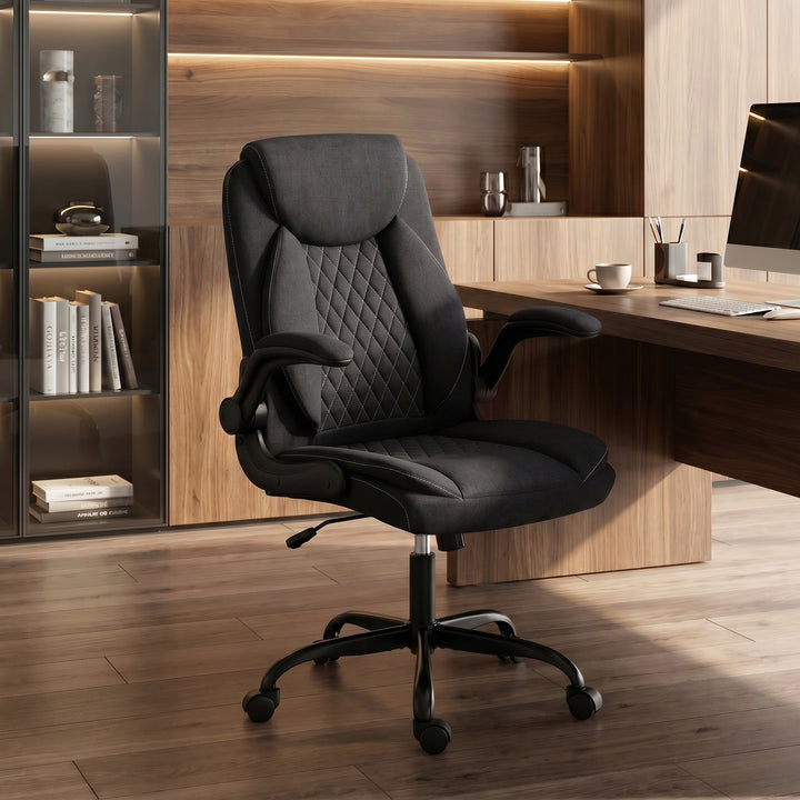 Linen-Look Computer Desk Chair, Executive Office Chair with Flip-Up Ar