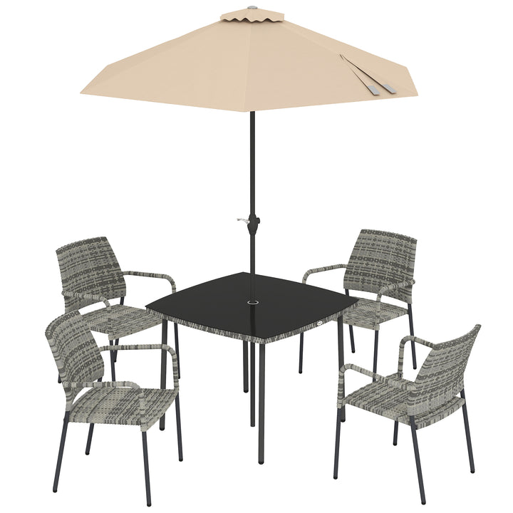 4 Seater Rattan Dining Set with Parasol, 6 Piece Garden Table and Stac