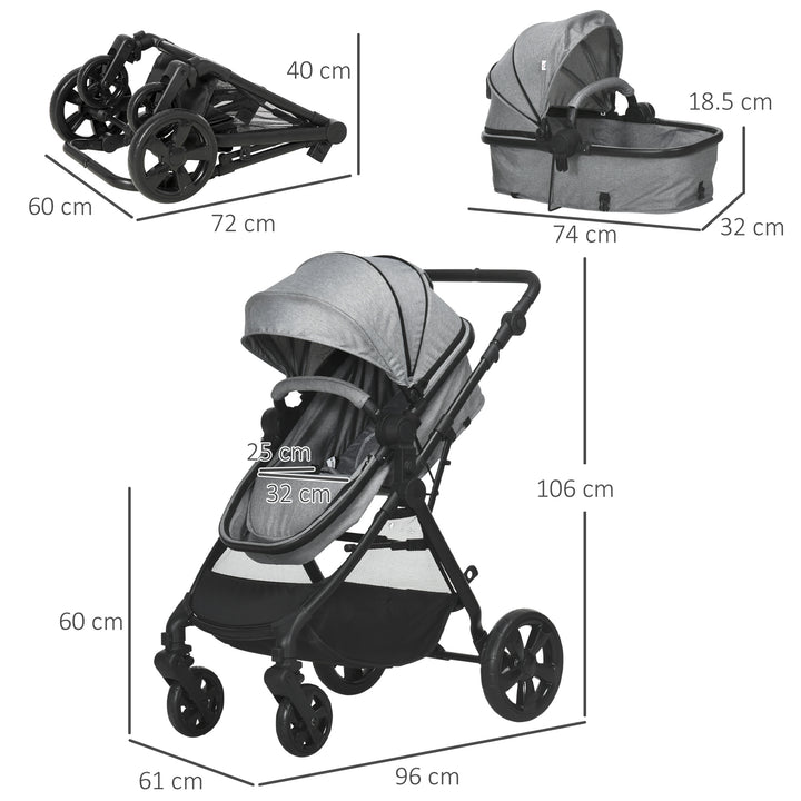Foldable Baby Stoller, with Reclining Backrest, Adjustable Canopy, for Ages 0-36 Months - Grey