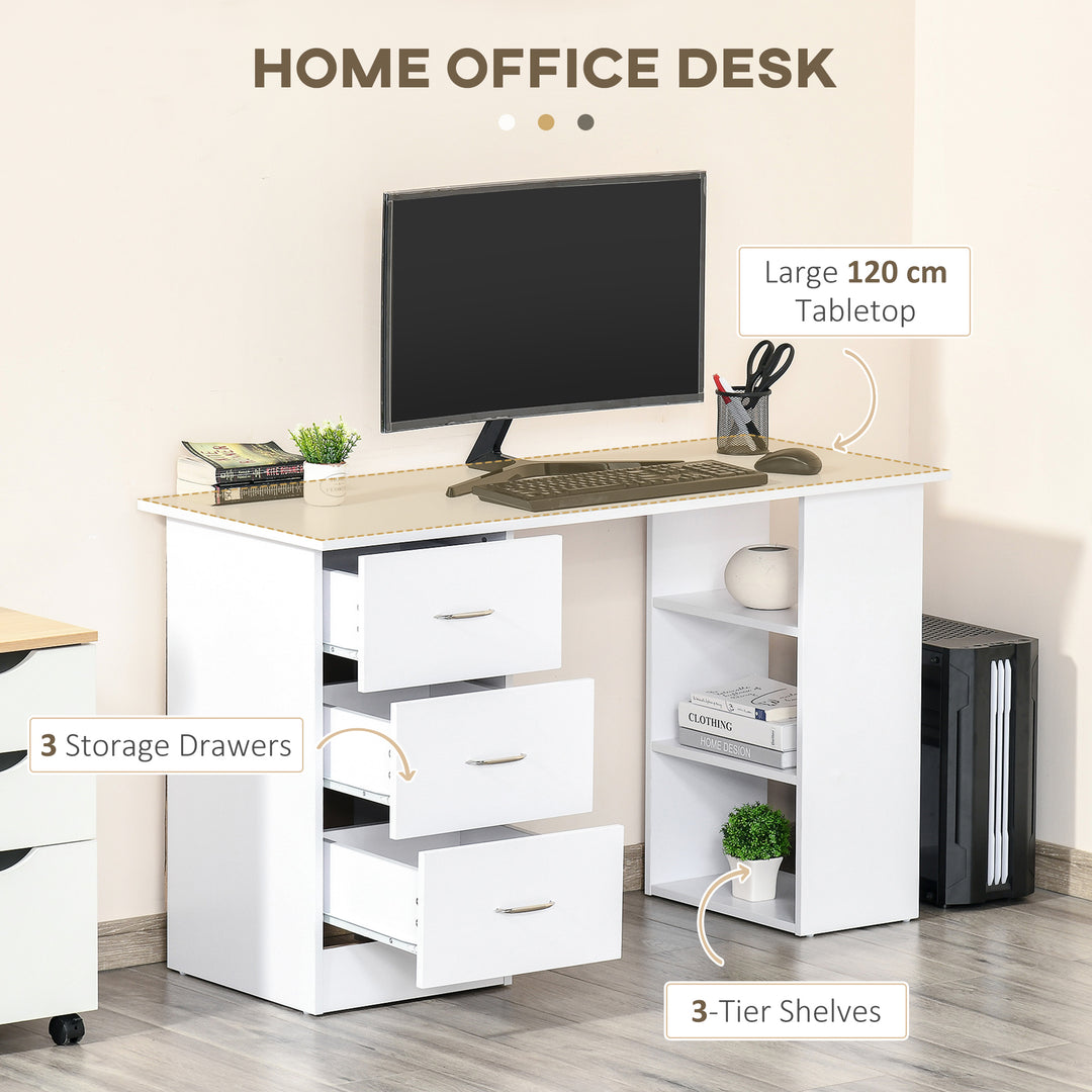 Computer Desk, Writing Table, PC Workstation with 3 Storage Shelves and Drawers, Silver Handle, for Home Office, White