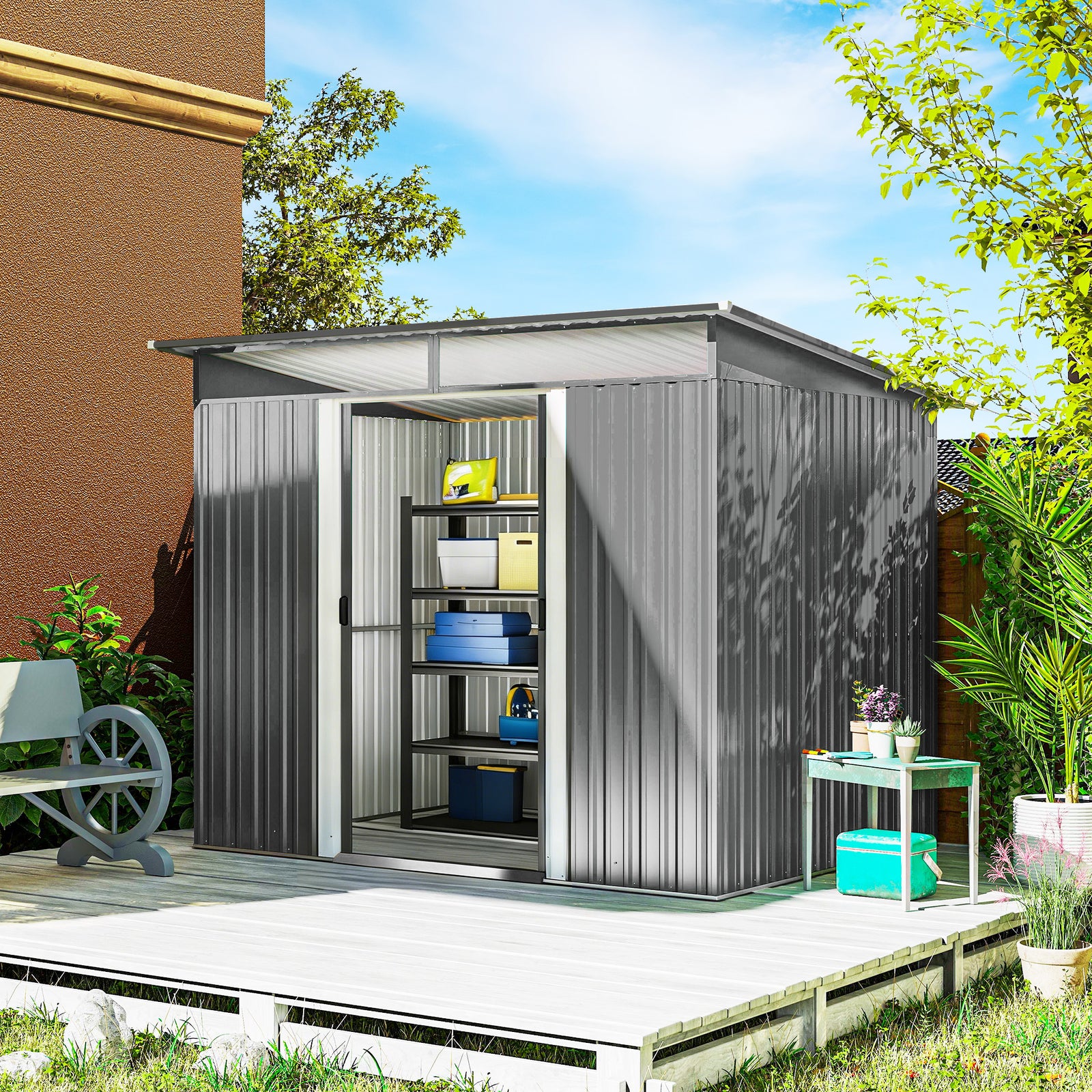 9ft x 6.5ft Garden Storage Shed with Top Window, Metal Outdoor Shed To