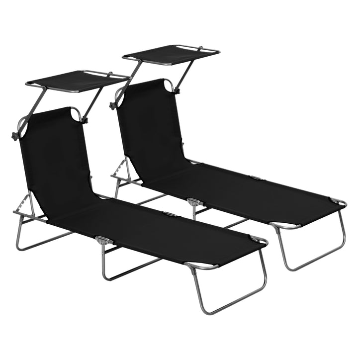 2 Pieces Outdoor Foldable Sun Lounger, 4 Level Adjustable Backrest Reclining Sun Lounger Chair with Angle Adjust Sun Shade Awning for Beach, Garden, Patio, Black