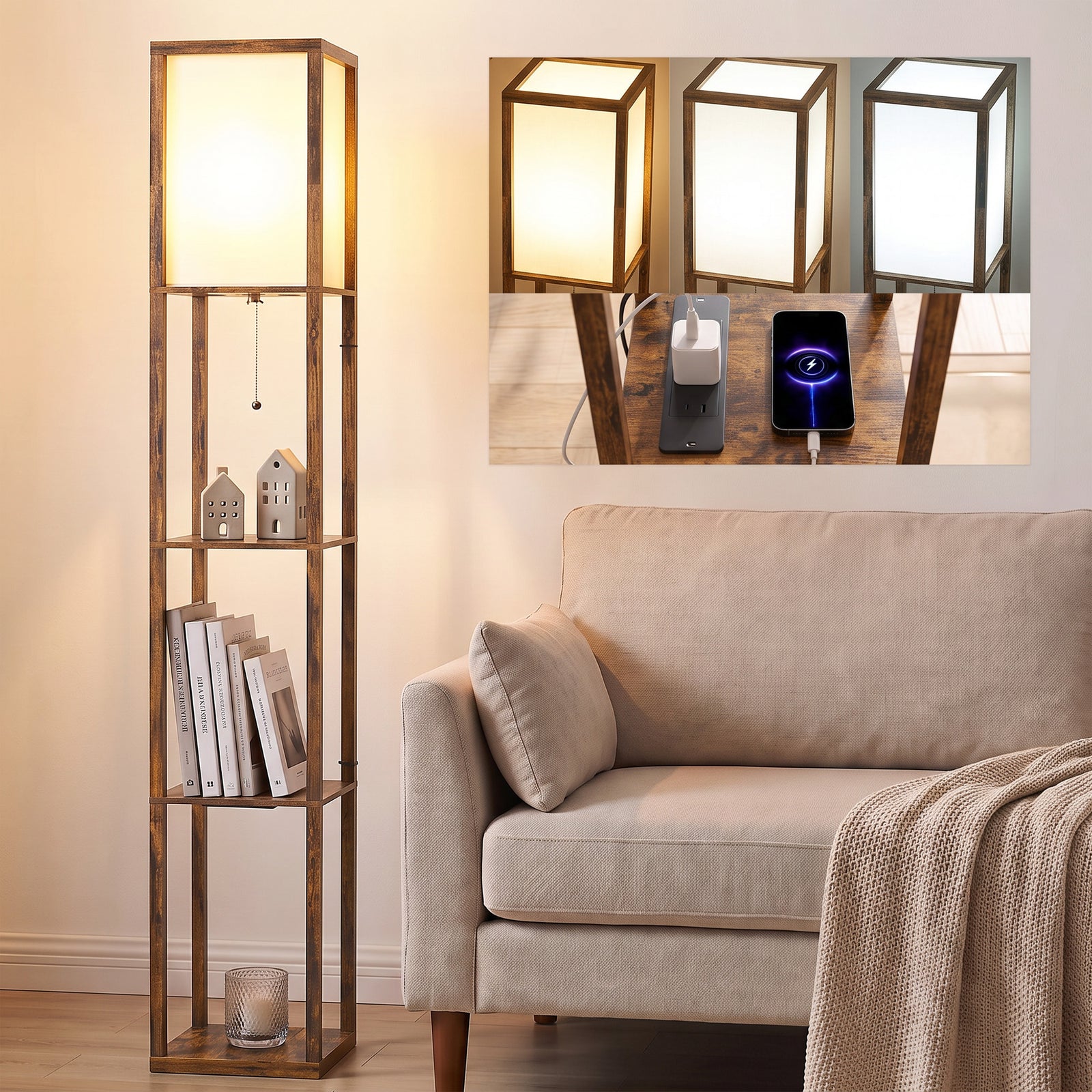 Floor Lamp with Shelves, 4 Layer Standing Lamp with USB Ports, 3 Colou