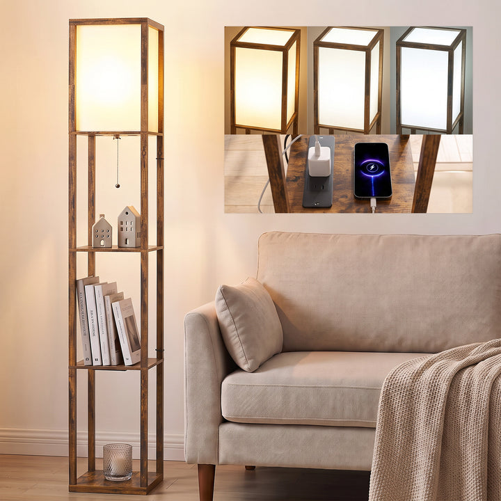 Floor Lamp with Shelves, 4 Layer Standing Lamp with USB Ports, 3 Colou