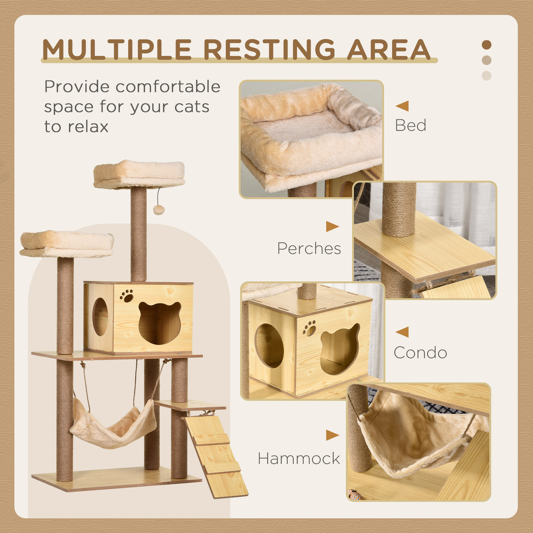 130cm Cat Tree for Indoor Cats, Multi-Level Plush Cat Tower, with Five Scratching Posts, Two Perches, Cat House, Hammock