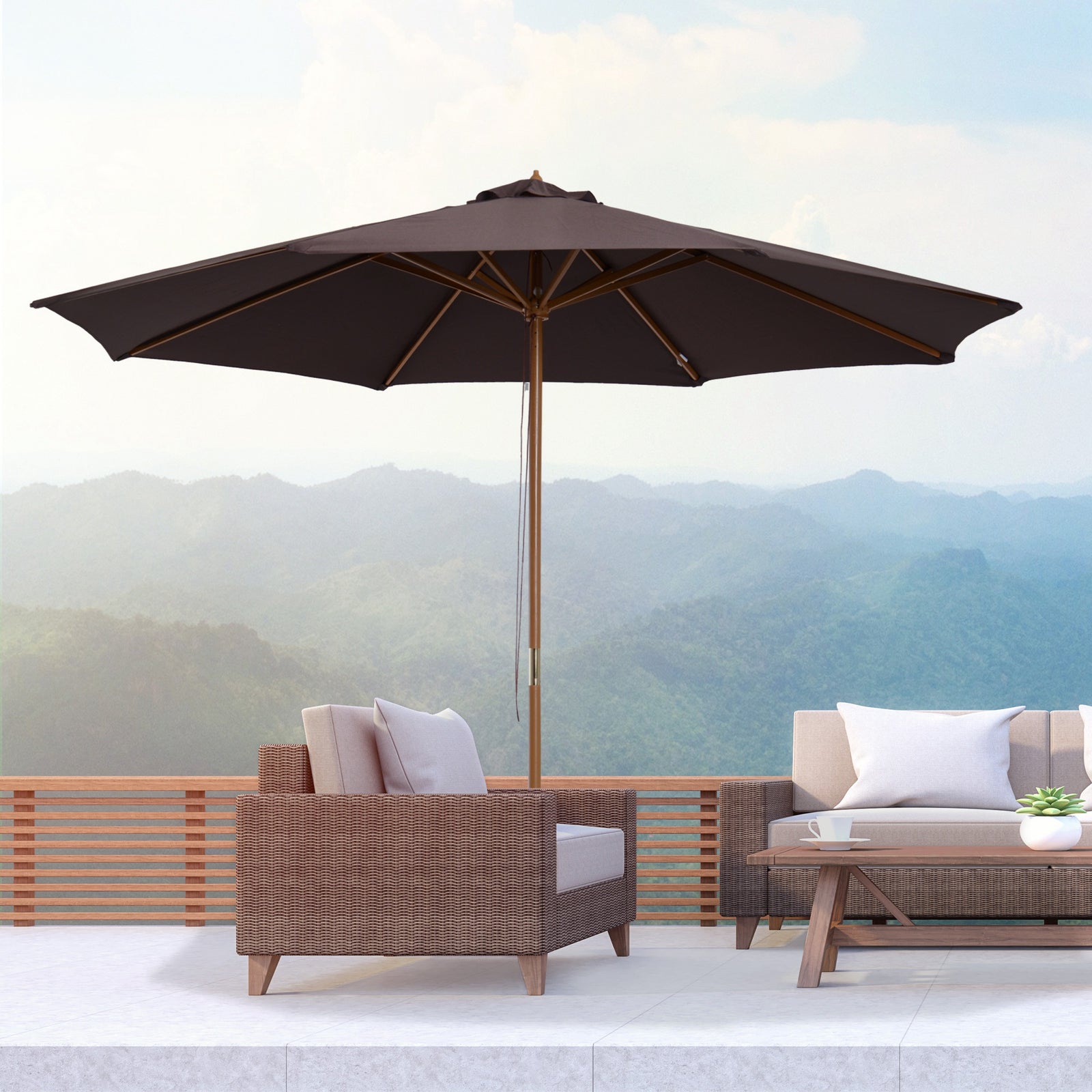 3(m) Garden Parasol, Pulley Operated Patio Umbrella, Wooden Parasol, Table Market Umbrella with Rope Pulley Mechanism and 8 Ribs, Coffee