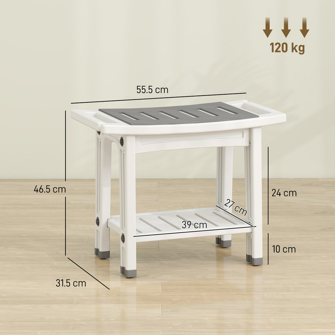 Shower Bench 2-Tier Shower Stool Bathroom with Shelf White and Grey