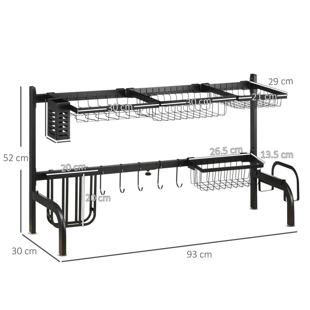 MCL Space Saving 2 Tier Adjustable Dish Drainer Over The Sink Dish Drying Rack, Black