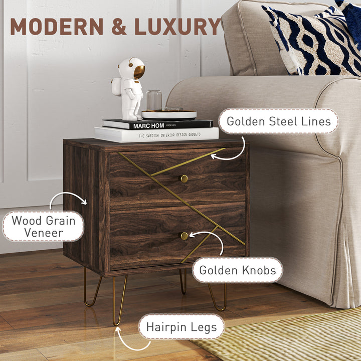 Bedside Tables Set of 2, Modern Side Table Set with 2 Drawers and Steel Hairpin Legs, Nightstand for Bedroom, Brown Wood Grain