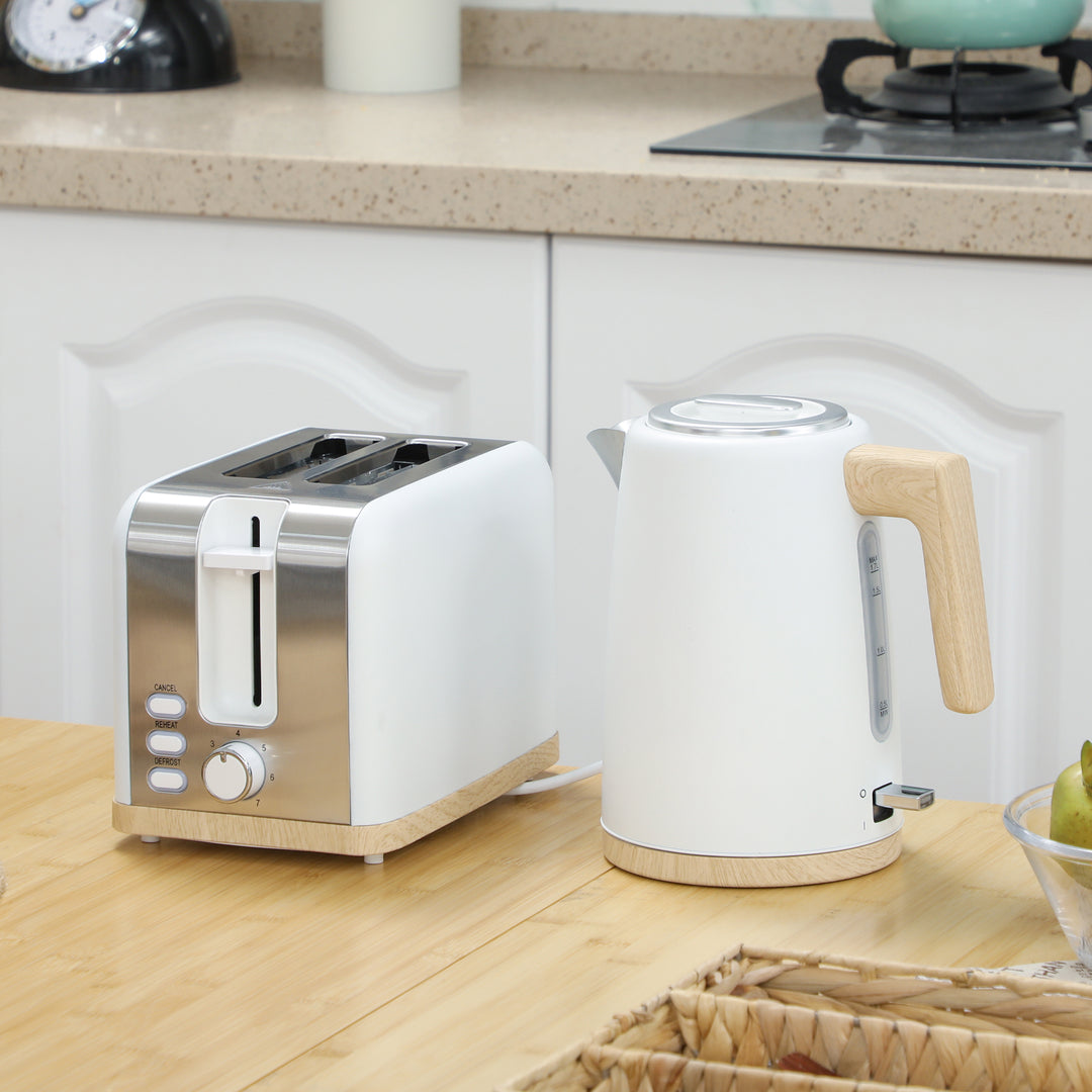 Kettle and Toaster Set, 1.7L 3000W Fast Boil Kettle & 2 Slice Toaster Kitchen Set with 7 Level Browning Controls, Defrost, Reheat, Auto Off, Boil-dry Protection, White