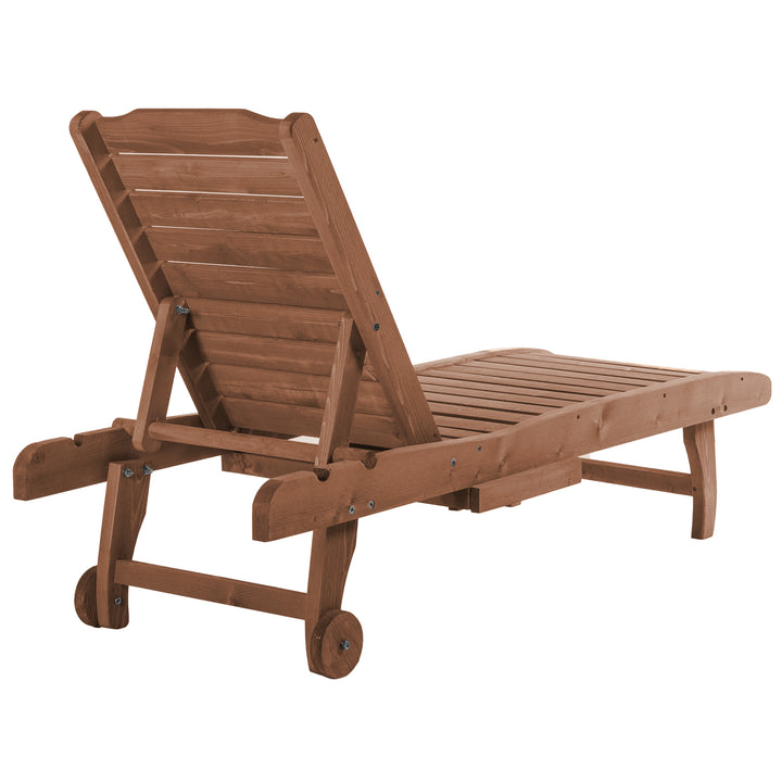 Outdoor Wooden Lounger Chair, Sun Bed with Built-In Table, Adjustable Backrest and Wheels, Red Brown