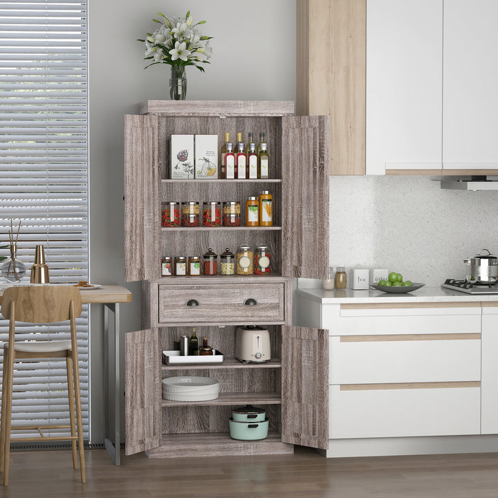 Freestanding Kitchen Cupboard, 184cm Tall Storage Cabinet with Doors and Shelves, Traditional Colonial 4-Door Kitchen Pantry Cupboard with Drawer, Dark Wood Grain