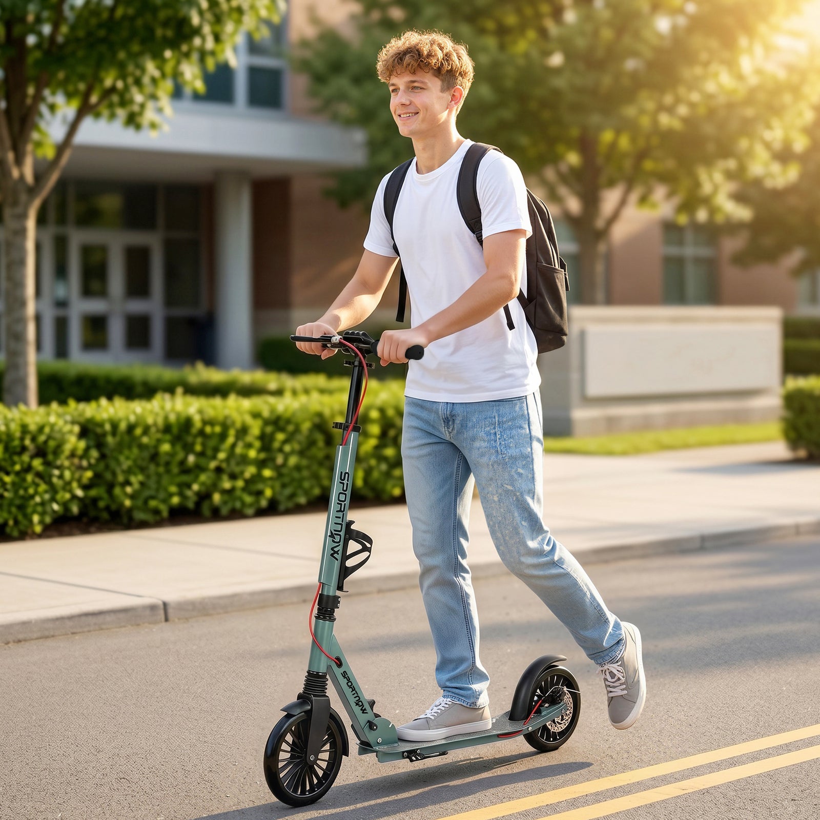 Foldable Kick Scooter with Height Adjustable Handlebar, One-click Fold
