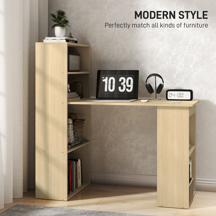 120cm Computer Desk, Wooden PC Laptop Table with 6-Tier Storage Bookshelves, Home Office Working Study Desk, Writing Workstation, Natural Wood