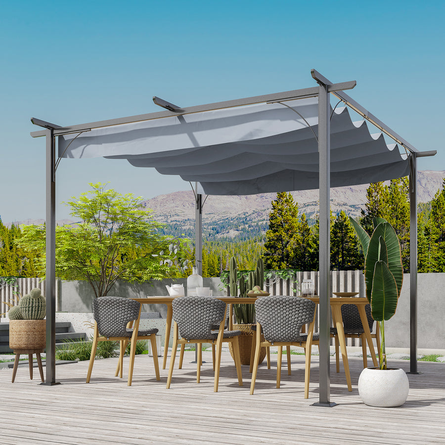 3 x 3(m) Metal Retractable Pergola, Garden Gazebo Metal Pergola Canopy Outdoor Sun Shade Shelter for Party BBQ, Grey