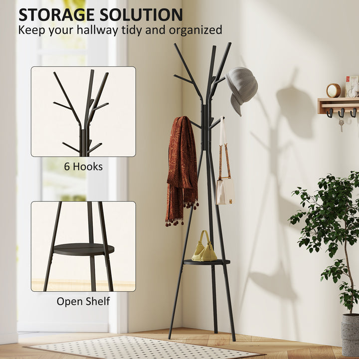 MCL Freestanding Metal Coat Rack Stand 9 Hooks Clothes Tree with 1 Shelf Hat Display Hall Tree Hanger Bag Umbrella Hanging Organiser Black