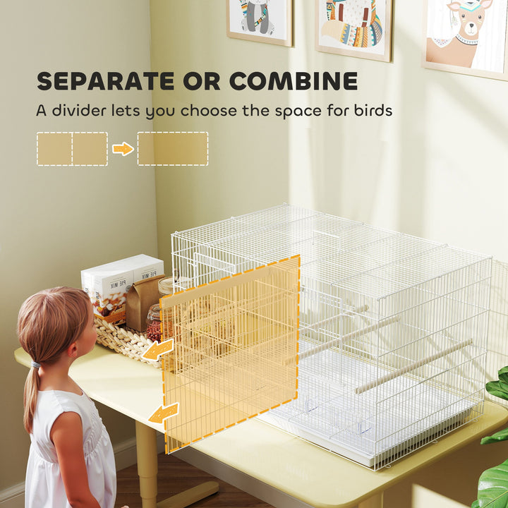 Bird Cage with Divider, 4 Wooden Perches, Slide Out Tray, 4 Feeders, for Budgie, Lovebird, Canary, 76 x 46 x 46cm, White