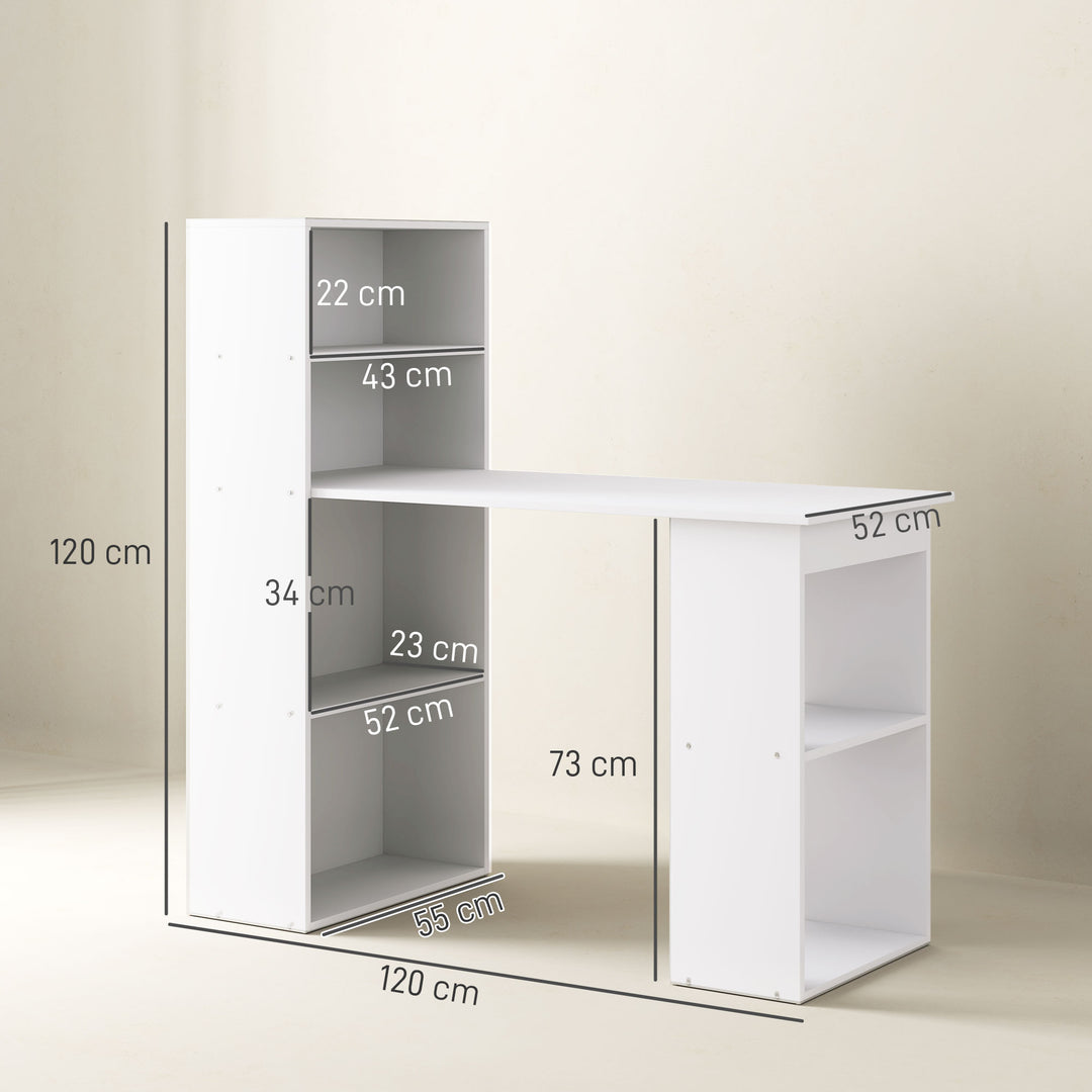 120cm Computer Desk, Wooden PC Laptop Table with 6-Tier Storage Bookshelves, Home Office Working Study Desk, Writing Workstation, White
