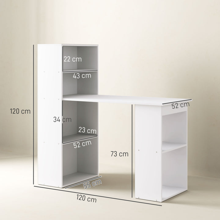 120cm Computer Desk, Wooden PC Laptop Table with 6-Tier Storage Bookshelves, Home Office Working Study Desk, Writing Workstation, White