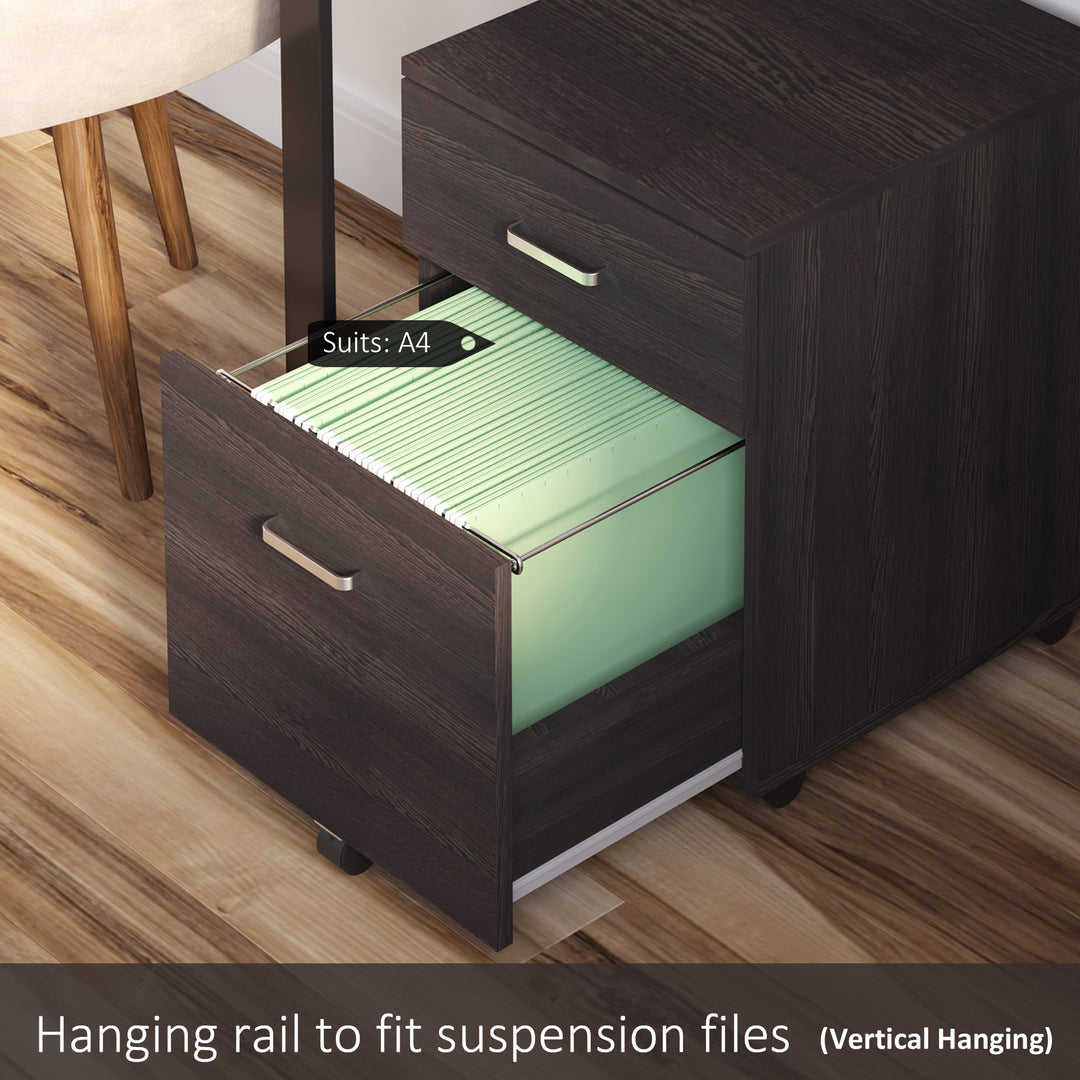 2-Drawer Locking Office Filing Cabinet w/ 5 Wheels Rolling Storage Hanging A4 Cupboard Home Organisation Black Wood Grain