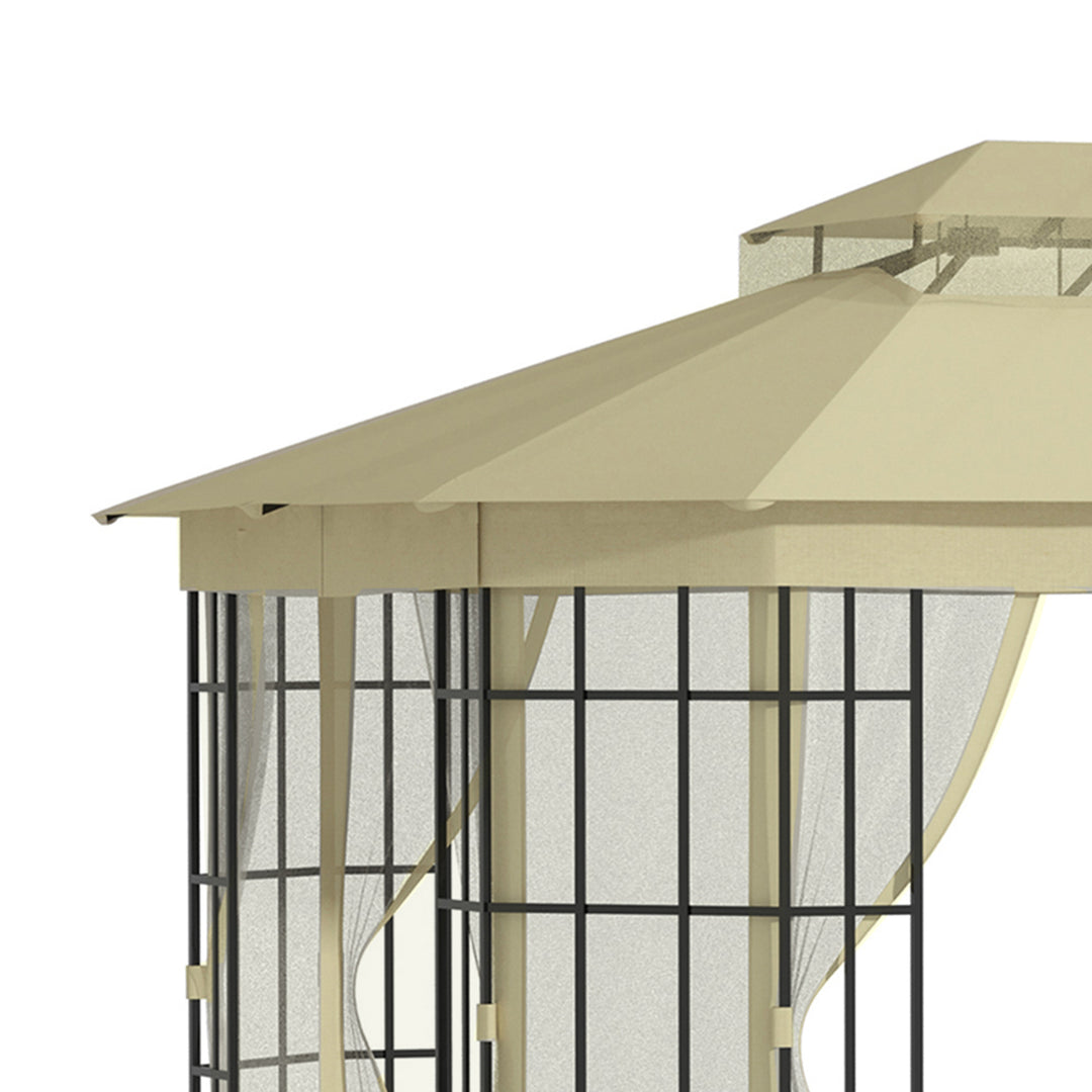 3.7 x 3(m) Patio Gazebo Canopy Garden Tent Shelter with 2 Tiers Roof and Mosquito Netting, Metal Frame, Beige
