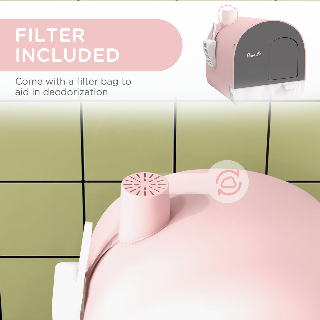 Hooded Cat Litter Box, Kitten Litter Tray, with Lid, Scoop, Filter, Flap Door, Pink