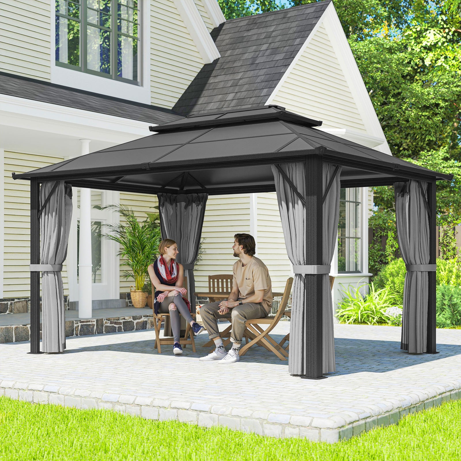 3 x 4m Hardtop Gazebo Canopy with UPF30+ Double Polycarbonate Roof, Aluminium Frame Garden Gazebo Permanent Pavilion with Mosquito Netting and Curtains for Patio, Deck, Grey
