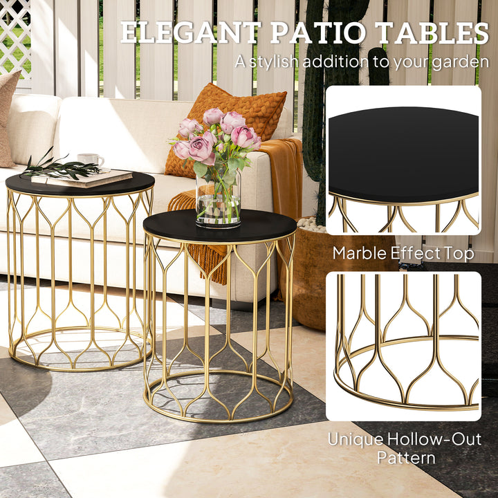 Round Coffee Table Set of 2, Modern Nesting Tables with Ceramic Tile Top, Small End Tables, Indoor Outdoor Side Table with Metal Frame for Living Room, Bedroom, Patio, Balcony, Black