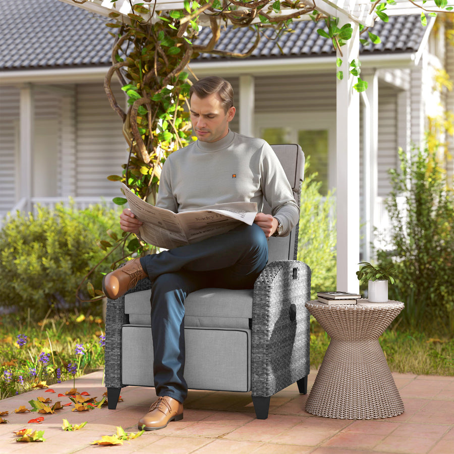 Outdoor Recliner Chair with Adjustable Backrest and Footrest, Cushion, Side Tray, Light Grey/Grey