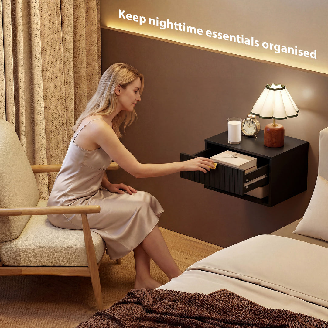 Set of 2 Wall Mounted Nightstands, Floating Bedside Tables with Fluted