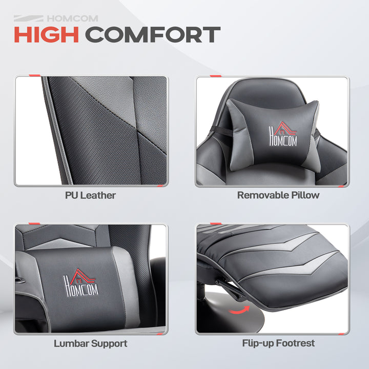 Massage Gaming Chair, Swivel Racing Video Gaming Recliner with Retractable Footrest, Headrest, Cup Holders and Side Pockets, Ergonomic High Back PU Leather Executive Desk Chair, Grey