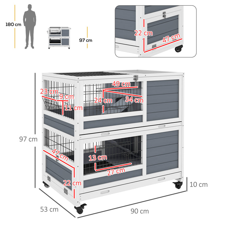 PawHut Double Deckers Guinea Pig Cage Rabbit Hutch Indoor with Feeding Trough, Trays, Ramps, Openable Top - Grey | Aosom UK