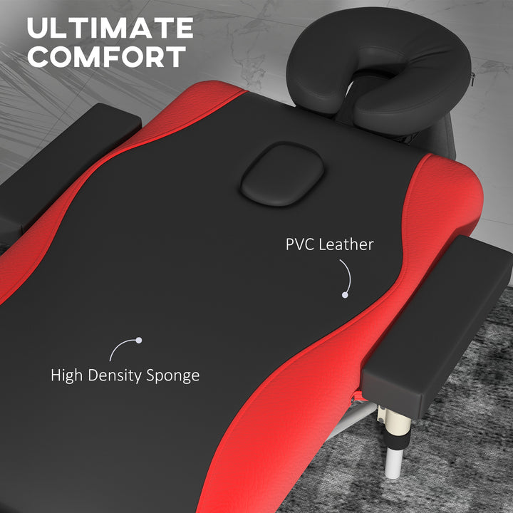Foldable Massage Bed Portable Table, 3-Section Aluminium Foldable Beauty Couch, Professional Salon Spa Table with Headrest Support and Carry Bag, 60 cm Width, Black and Red