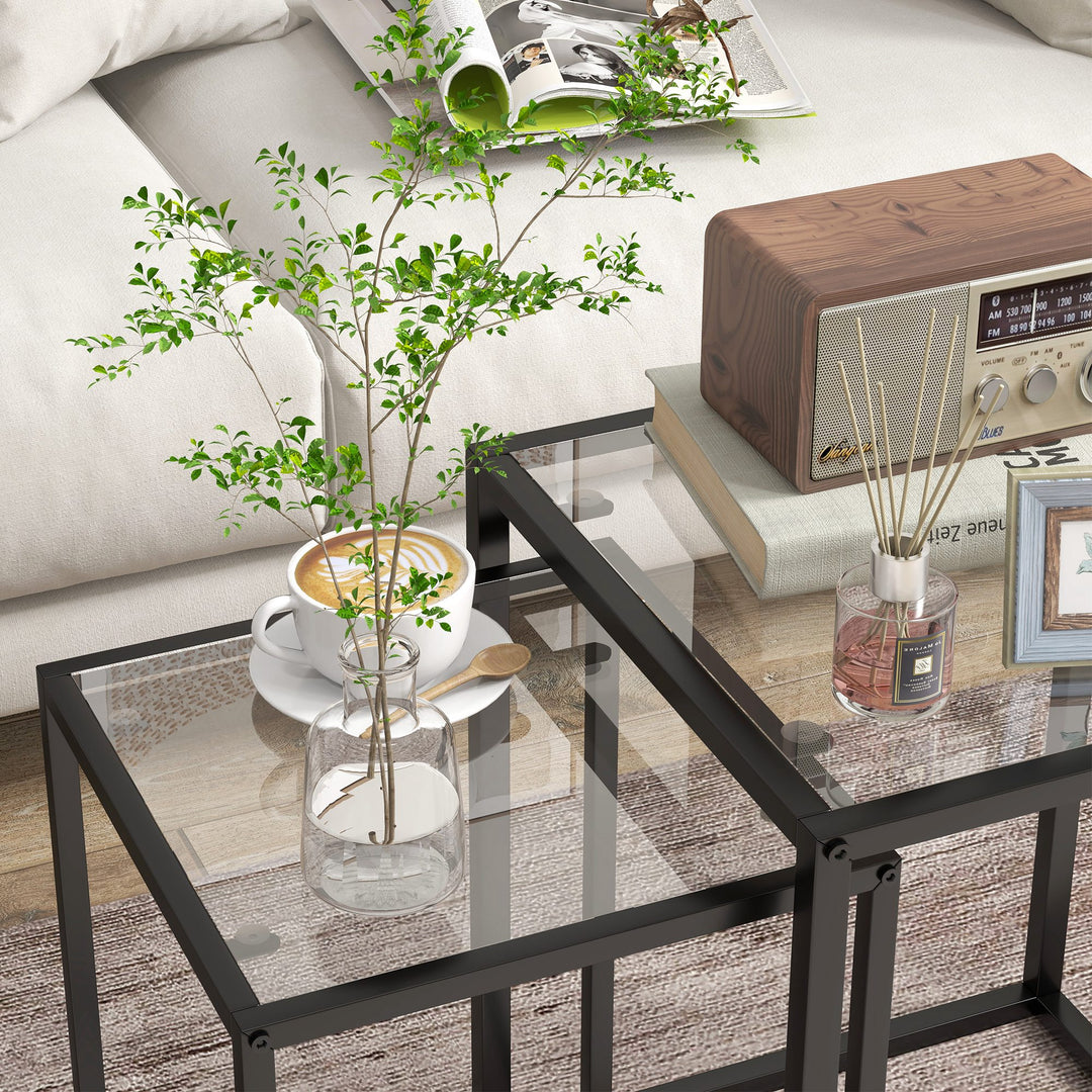 Nesting Tables Set of 2, Side End Table with Tempered Glass Top and Steel Frame for Living Room, Bedroom, Black